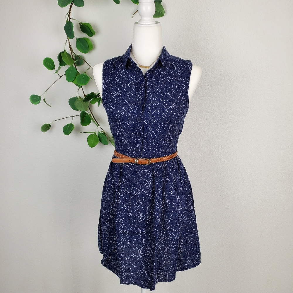 H&M DIVIDED Navy Blue Polka Dot Button Down Dress